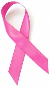 Pink satin breast cancer awareness ribbon. Casting natural shadow on white.